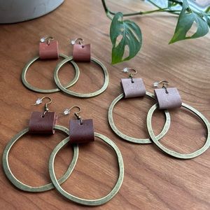 Brass and leather hoop earrings